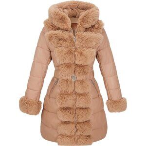 🆕 Women Brown Leather Long Fur Collar Hooded Winter Warm Bubble Puffer Jacket